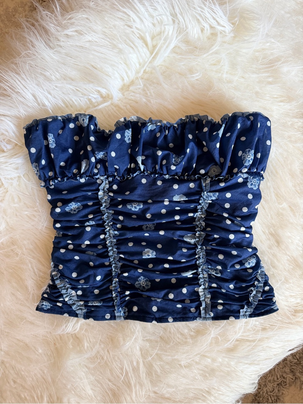 Free People Navy Polka Dot Ruched Strapless Crop Top